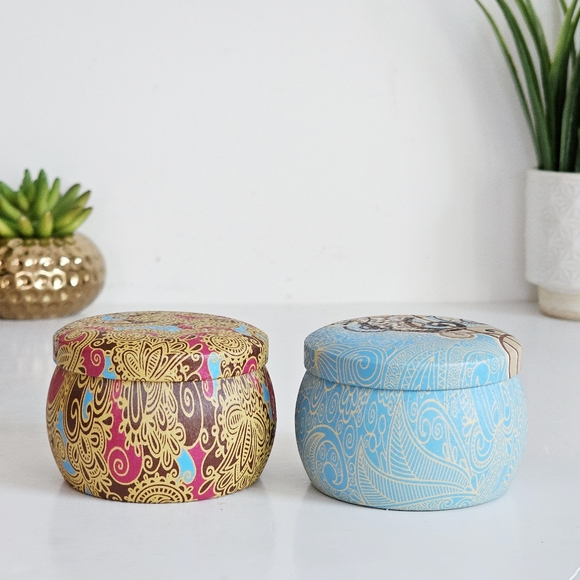 2 New Aromatherapy Bohemian Tin Candles Natural Soy Wax Mediterranean Fig, Lemon - Picture 6 of 12